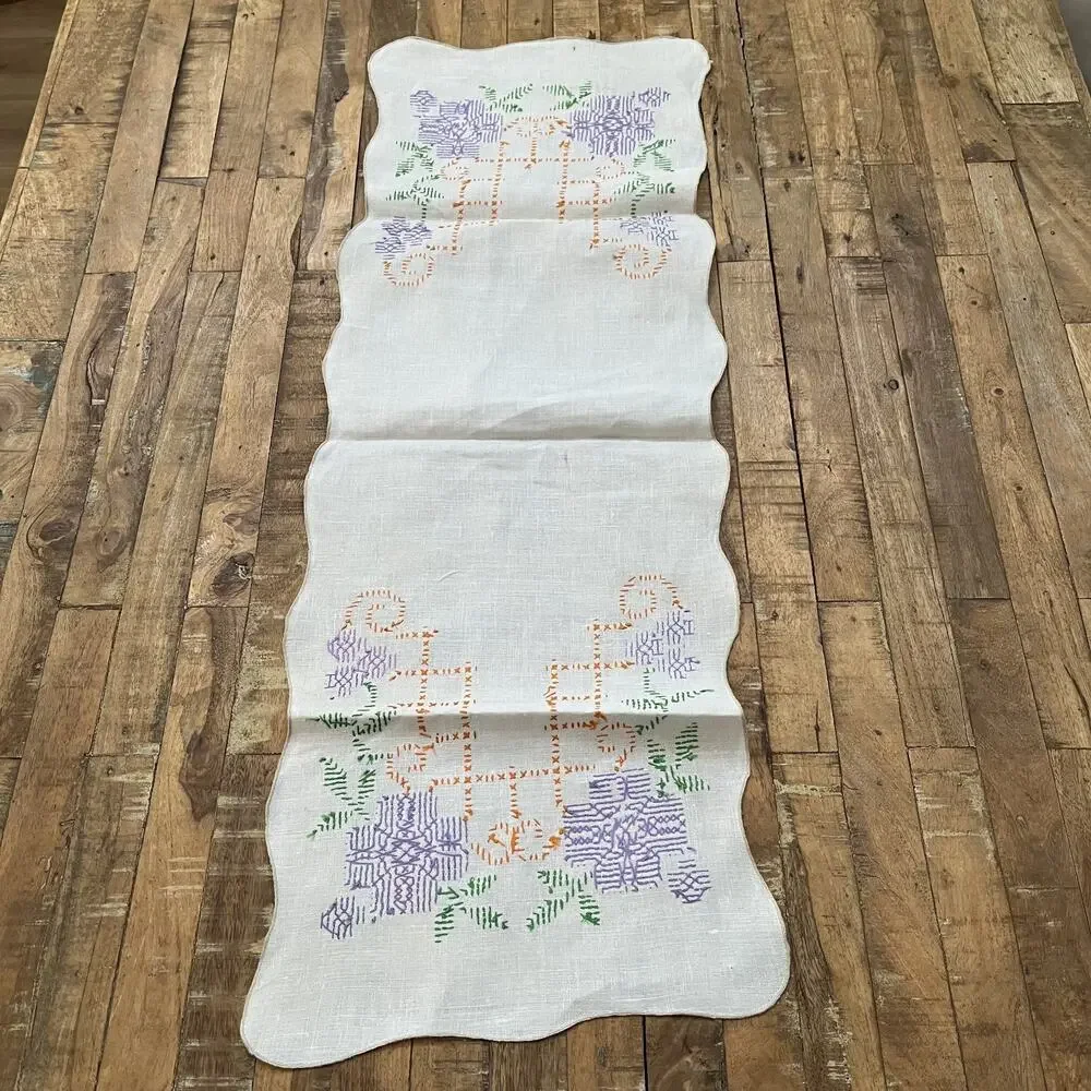 Vintage Linen Table Runner 13 x 38 in Cross Stitched White Purple Flowers